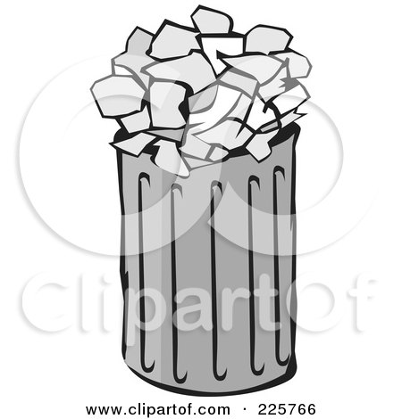 Royalty-Free (RF) Clipart Illustration of a Grayscale Trash Can With Papers by David Rey