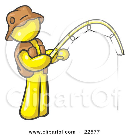 Clipart Illustration of a Yellow Man Wearing A Hat And Vest And Holding A Fishing Pole by Leo Blanchette