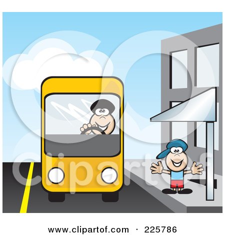 Royalty-Free (RF) Clipart Illustration of a Bus Driver Picking Up A Boy At A Stop by David Rey