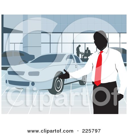 Royalty-Free (RF) Clipart Illustration of a Car Salesman Presenting A Car In A Show Room by David Rey