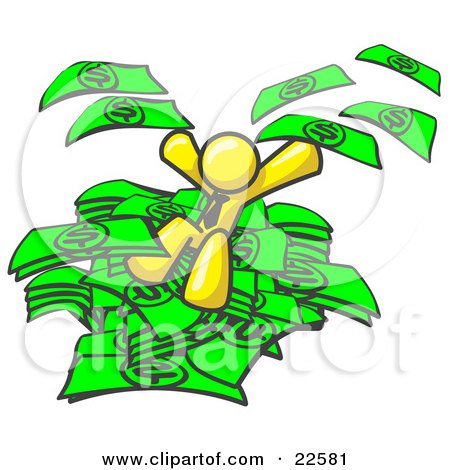 Clipart Illustration of a Yellow Business Man Jumping in a Pile of Money and Throwing Cash Into the Air by Leo Blanchette