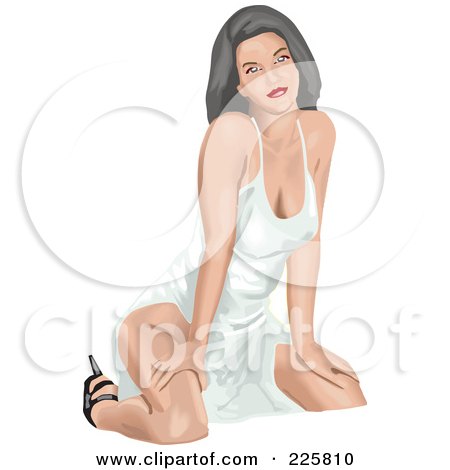 Royalty-Free (RF) Clipart Illustration of a Sexy Pinup Woman Kneeling In A White Dress by David Rey