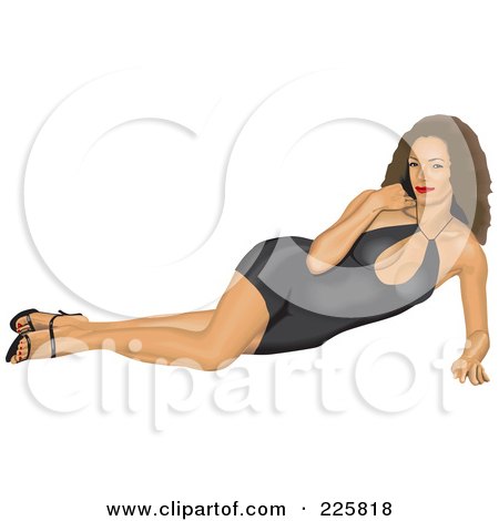 Royalty-Free (RF) Clipart Illustration of a Sexy Pinup Woman Reclined In A Black Dress by David Rey