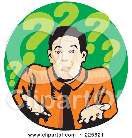 Royalty-Free (RF) Clipart Illustration of a Businessman Shrugging On Green With Question Marks by David Rey