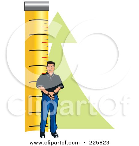 Royalty-Free (RF) Clipart Illustration of a Man Standing By A Measuring Tape And Upwards Arrow by David Rey