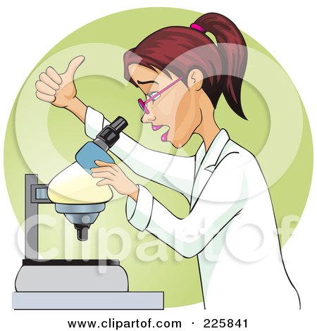 Royalty-Free (RF) Clipart Illustration of a Female Microbiologist Peering Through A Microscope And Holding At Thumb Up by David Rey
