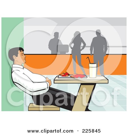 Royalty-Free (RF) Clipart Illustration of a Man Holding His Tummy After Eating Lunch In A Cafeteria by David Rey