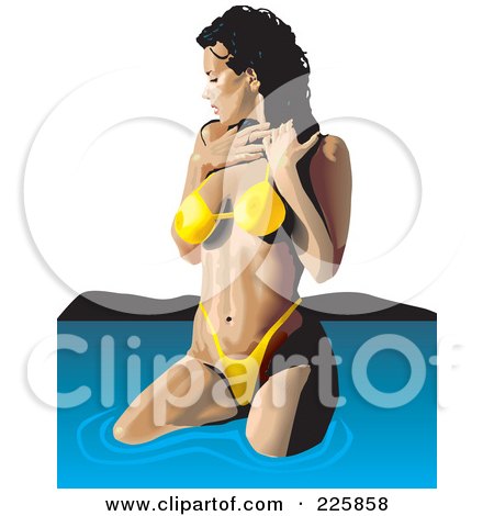 Royalty-Free (RF) Clipart Illustration of a Sexy Pinup Woman Wading In A Yellow Bikini by David Rey
