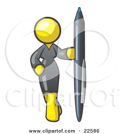 Clipart Illustration of a Yellow Woman In A Gray Dress, Standing With One Hand On Her Hip, Holding A Huge Pen by Leo Blanchette