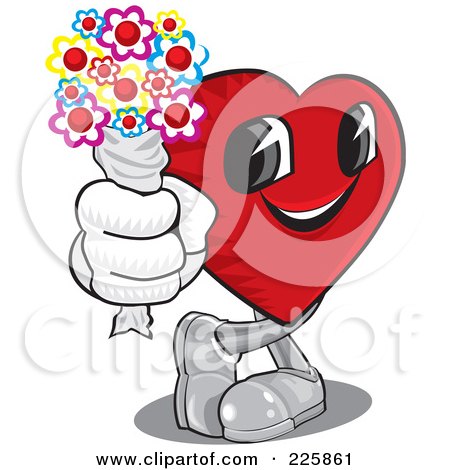 Royalty-Free (RF) Clipart Illustration of a Red Heart Holding Colorful Flowers In His Hand by David Rey