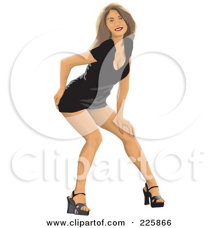 Royalty-Free (RF) Clipart Illustration of a Sexy Pinup Woman Bending Over In A Black Dress by David Rey