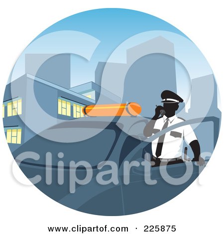 Royalty-Free (RF) Clipart Illustration of a Police Man Standing By His Car And Making A Call by David Rey
