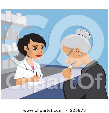Royalty-Free (RF) Clipart Illustration of a Female Pharmacist Attending A Senior Woman by David Rey