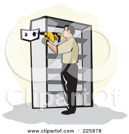 Royalty-Free (RF) Clipart Illustration of a Man Using A Drill To Install Shelving by David Rey