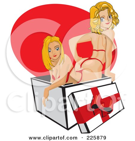Royalty-Free (RF) Clipart Illustration of Sexy Pinup Women In A Gift Box by David Rey