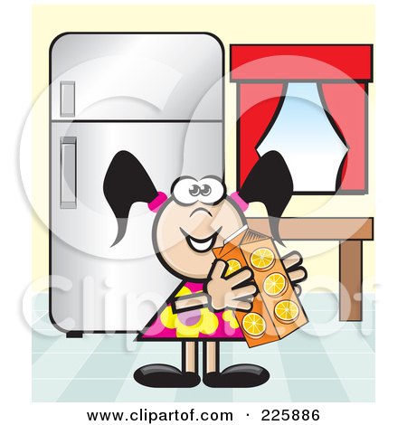 Royalty-Free (RF) Clipart Illustration of a Happy Girl Holding Orange Juice In A Kitchen by David Rey