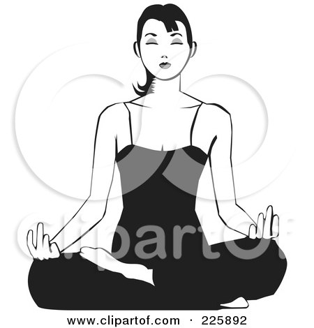Royalty-Free (RF) Clipart Illustration of a Black And White Relaxed Woman Meditating On The Floor by David Rey