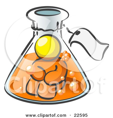 Clipart Illustration of a Yellow Man Trapped Inside A Bubbly Potion In A Laboratory Beaker With A Tag Around The Bottle by Leo Blanchette
