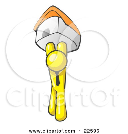 Clipart Illustration of a Yellow Man Holding Up A House Over His Head, Symbolizing Home Loans and Realty by Leo Blanchette