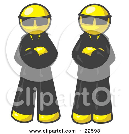 Clipart Illustration of Two Yellow Men Standing With Their Arms Crossed, Wearing Sunglasses and Black Suits by Leo Blanchette