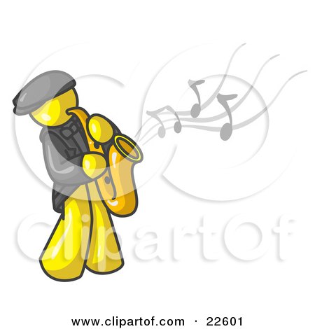 Clipart Illustration of a Musical Yellow Man Playing Jazz With a Saxophone by Leo Blanchette