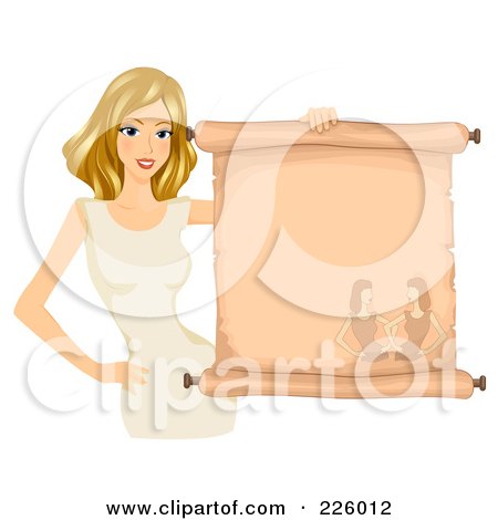 Royalty-Free (RF) Clipart Illustration of a Blond Gemini Girl Holding A Scroll Sign by BNP Design Studio