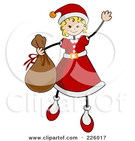 Royalty-Free (RF) Clipart Illustration of a Stick Girl In A Santa Suit, Carrying A Sack And Waving by BNP Design Studio