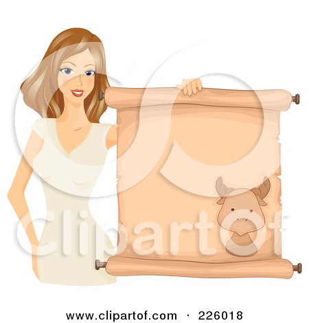 Royalty-Free (RF) Clipart Illustration of a Brunette Taurus Girl Holding A Scroll Sign by BNP Design Studio