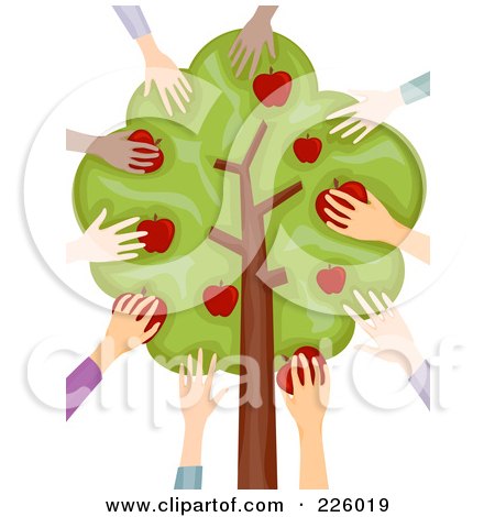Royalty-Free (RF) Clipart Illustration of Diverse Hands Picking Apples From A Tree by BNP Design Studio
