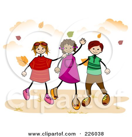 Royalty-Free (RF) Clipart Illustration of a Stick Boy And Girls Walking In Autumn by BNP Design Studio