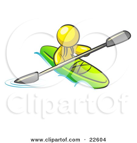 Clipart Illustration of a Yellow Man Paddling Down A River In A Green Kayak by Leo Blanchette