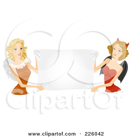 Royalty-Free (RF) Clipart Illustration of Beautiful Angel And Devil Women Holding A Blank Banner by BNP Design Studio