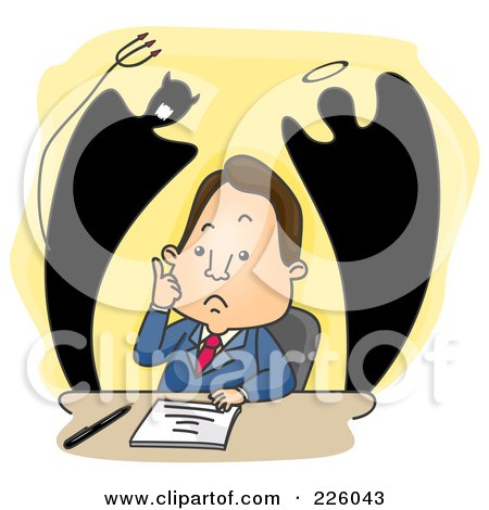 Royalty-Free (RF) Clipart Illustration of Good And Evil Shadows Rising Behind A Worried Businessman by BNP Design Studio