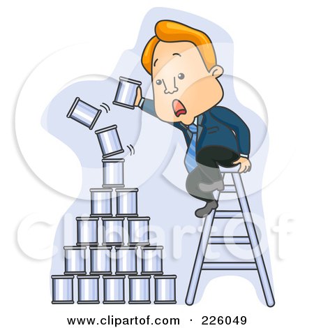 Royalty-Free (RF) Clipart Illustration of a Businessman On A Ladder, Stacking Cans On A Falling Pyramid by BNP Design Studio