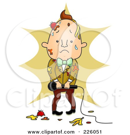 Royalty-Free (RF) Clipart Illustration of a Sad Entertainer Covered In Food Splatters On Stage by BNP Design Studio