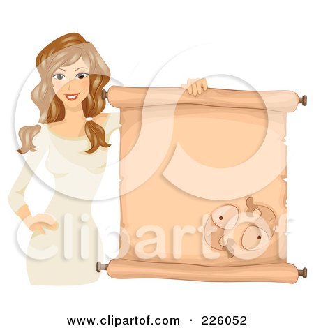 Royalty-Free (RF) Clipart Illustration of a Brunette Pisces Girl Holding A Scroll Sign by BNP Design Studio