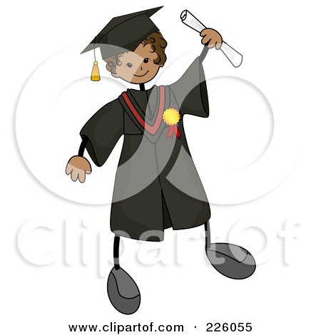 Royalty-Free (RF) Clipart Illustration of a Happy Stick Boy In A Cap And Gown, Holding His Certificate by BNP Design Studio