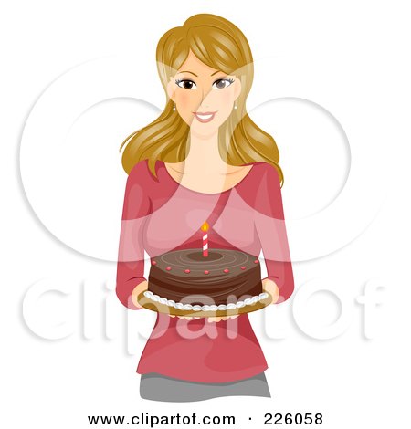 Royalty-Free (RF) Clipart Illustration of a Pretty Woman Carrying A Chocolate Birthday Cake With One Candle by BNP Design Studio