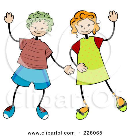Royalty-Free (RF) Clipart Illustration of a Stick Boy And Girl Waving by BNP Design Studio