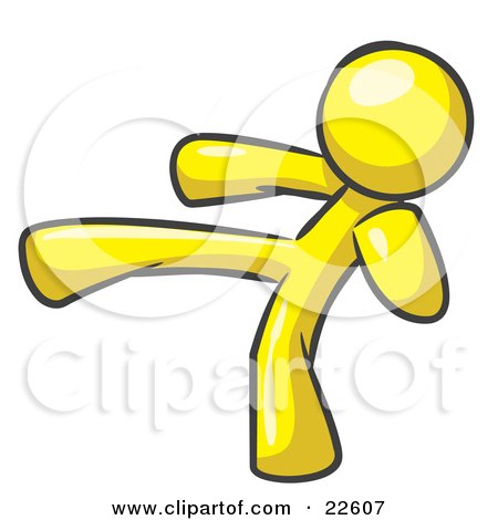 Clipart Illustration of a Yellow Man Kicking, Perhaps While Kickboxing by Leo Blanchette