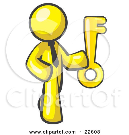Clipart Illustration of a Yellow Businessman Holding up a Large Golden Skeleton Key by Leo Blanchette