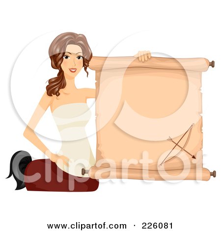 Royalty-Free (RF) Clipart Illustration of a Brunette Sagittarius Girl Holding A Scroll Sign by BNP Design Studio