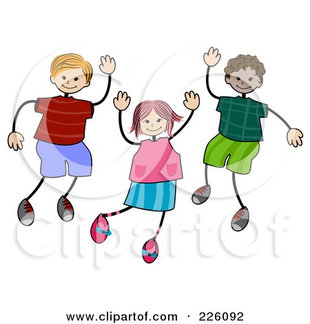 Royalty-Free (RF) Clipart Illustration of a Stick Girl And Boys Waving by BNP Design Studio