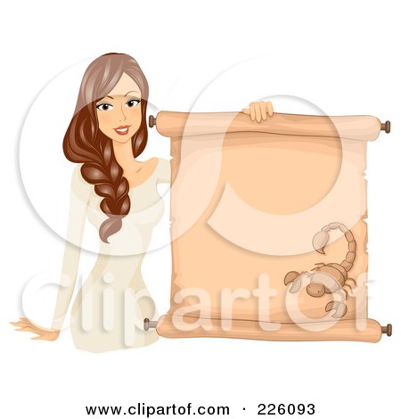 Royalty-Free (RF) Clipart Illustration of a Brunette Scorpio Girl Holding A Scroll Sign by BNP Design Studio