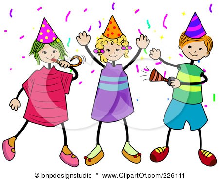 Royalty-Free (RF) Clipart Illustration of Party Girls And A Boy With Noise Makers by BNP Design Studio