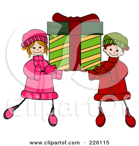 Royalty-Free (RF) Clipart Illustration of a Stick Boy And Girl Carrying A Big Christmas Present by BNP Design Studio