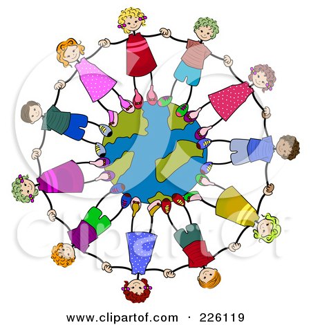 Royalty-Free (RF) Clipart Illustration of Diverse Stick Children Holding Hands And Standing On A Globe by BNP Design Studio