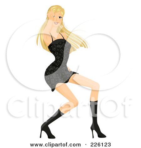 Royalty-Free (RF) Clipart Illustration of a Beautiful Woman Dancing In Heeled Boots And A Little Black Dress by BNP Design Studio
