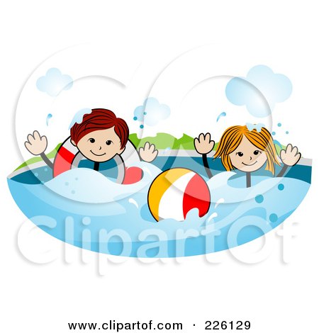 Royalty-Free (RF) Clipart Illustration of a Stick Boy And Girl Swimming With An Inner Tube And Ball by BNP Design Studio
