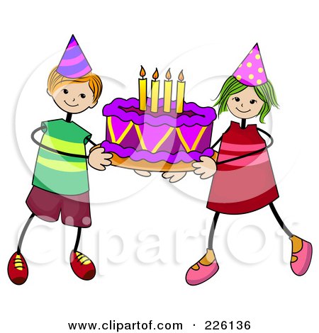 Royalty-Free (RF) Clipart Illustration of a Stick Boy And Girl Carrying A Birthday Cake by BNP Design Studio